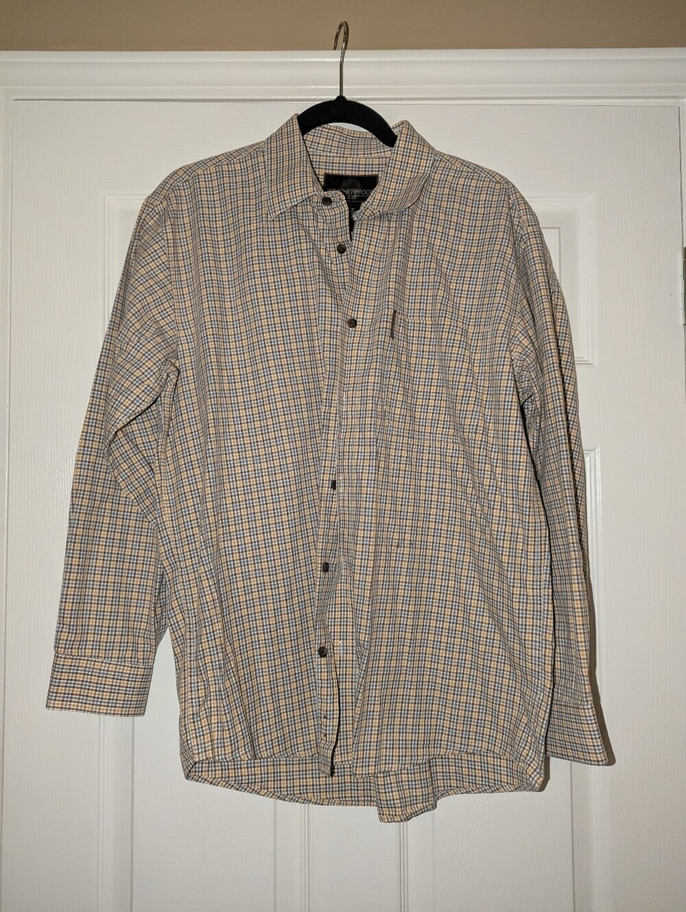 Weatherproof Plaid Button-Up Shirt in Tan, Blue, and White